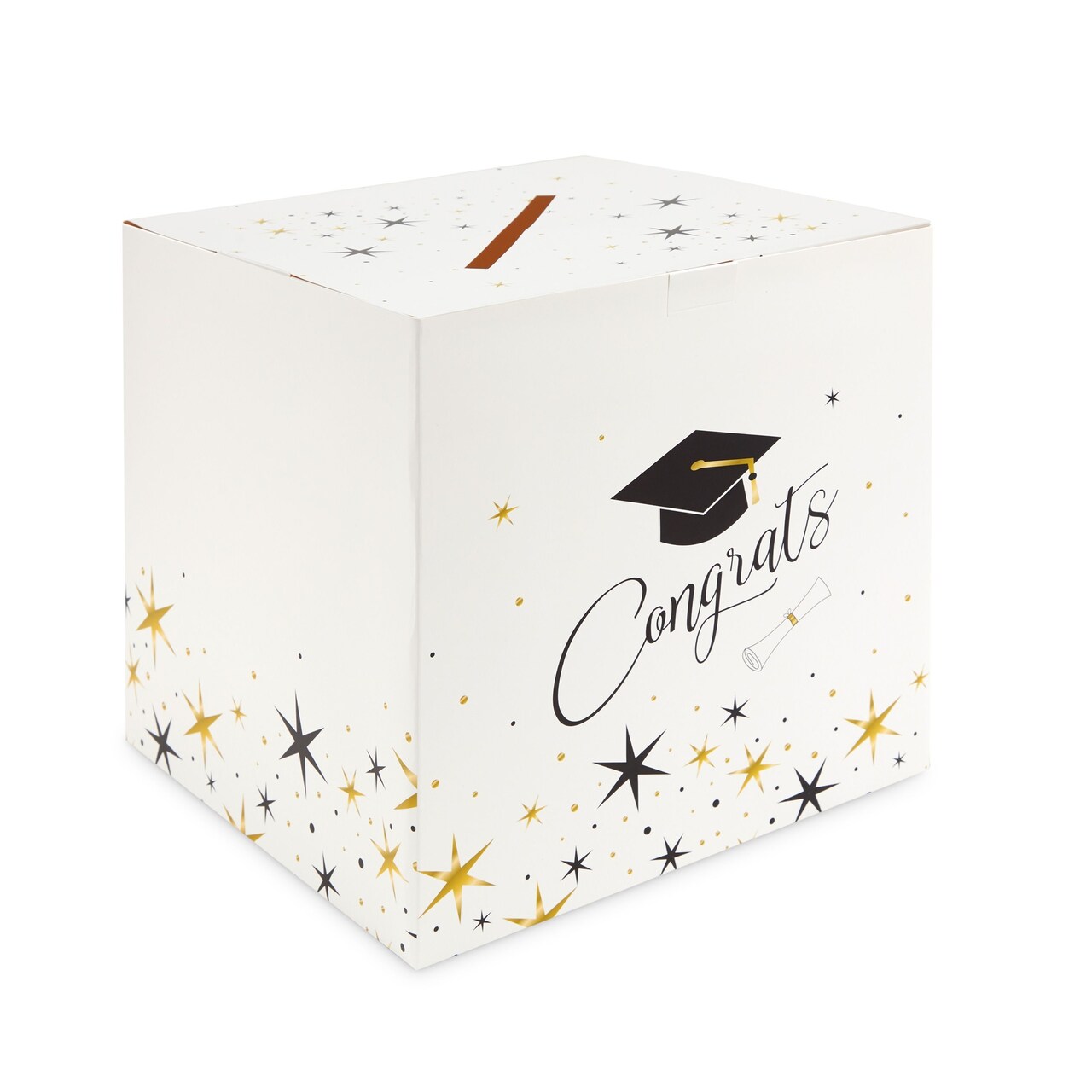 Paper Graduation Card Box Holder for Party Supplies, Favors, Gift Cards, Award Ceremony, High School, College Grad Celebration Decorations (White, 12x12 In)